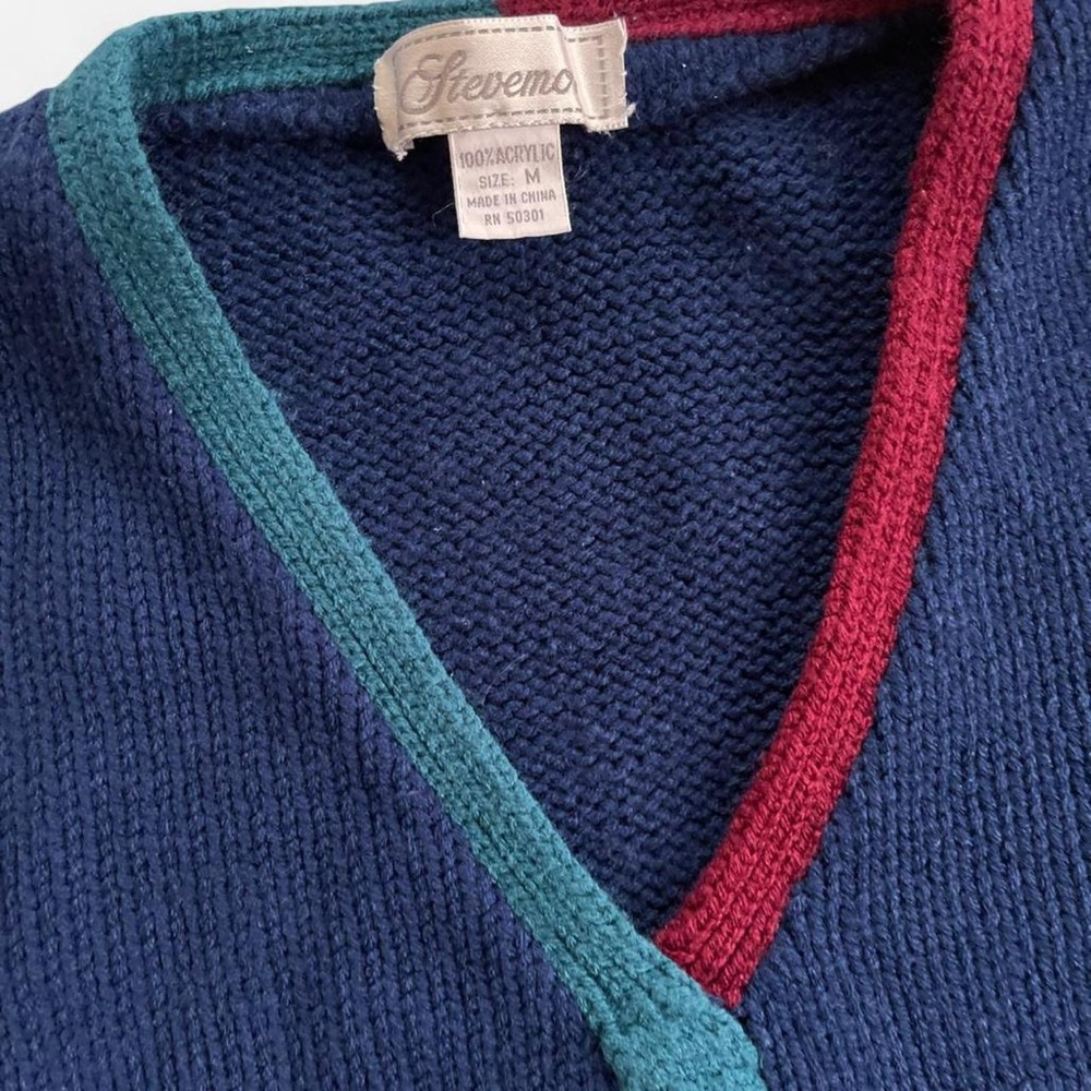 Vintage Stevemor Navy Blue Acrylic Knit With Green & Burgundy Twist Sweater Vest - Picture 3 of 7